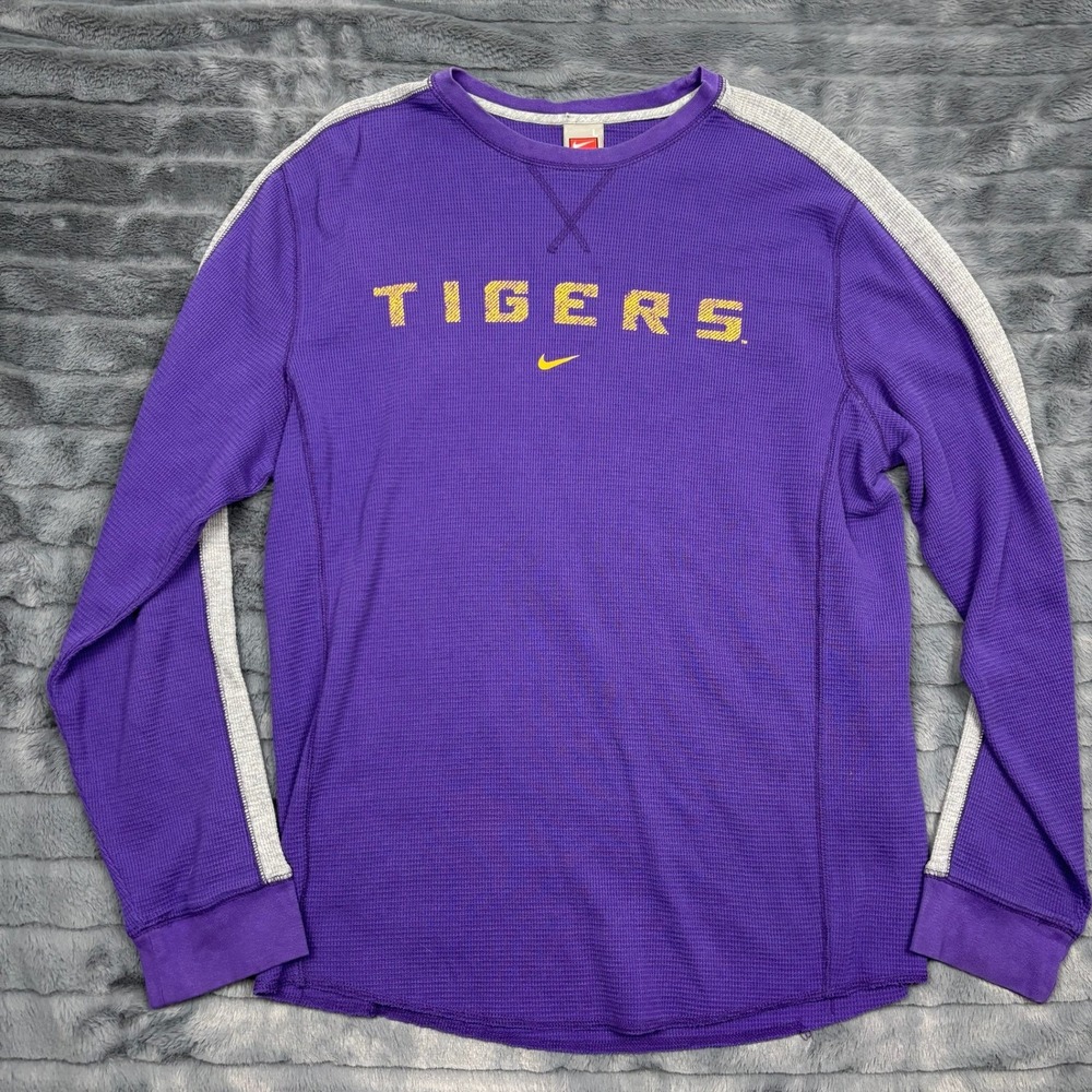 Nike Team LSU Tigers Mens Large Purple Waffle Knit Thermal Long Sleeve Shirt